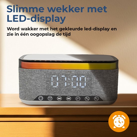Denver Wekker met Draadloze Oplader - White Noise Machine - Digitale Wekker - Bluetooth - FM Radio - Dubbel Alarm - Dimmer - CRQ225