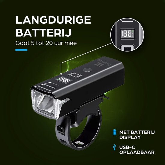 Exortus® Oplaadbare LED Fietsverlichting set - Fietslicht Set Wit En Rood – Fietslamp Geschikt Voor Elke (Race)fiets - Batterij Indicatie - Valbestendig & Waterdicht - Met licht sensormodus - Ook te gebruiken als zaklamp