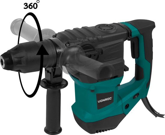 VONROC Boorhamer 1500W – 6 Joule – Instelbare snelheid - SDS plus – 4 Functies – Incl. boren & beitels