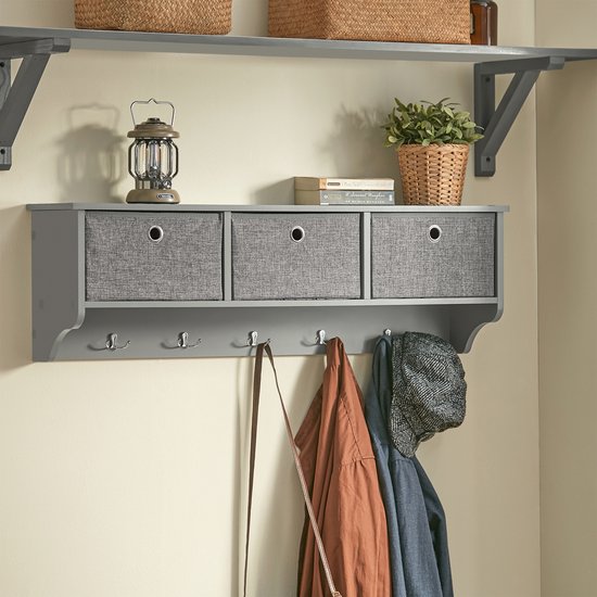 SoBuy FRG282-HG-FSC Wandkapstok - Grijze Wandplank met Manden & Haken