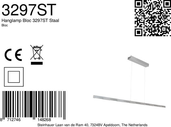 Hanglamp Bloc 3297ST Staal 171 cm Hoogteinstelbaar met Kabel Lift Steinhauer, Modern Design, Dimbaar met Externe Dimmer