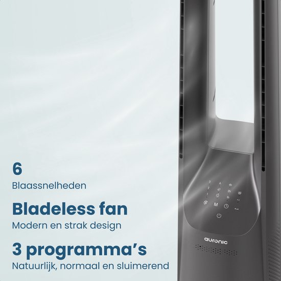 Auronic Torenventilator - Bladeless Model - Luchtkoeler - Vloerventilator - Stille Ventilator Staand - 101 CM - 6 Snelheden - Fan - Met Timer - 39 dB - Lichtgrijs