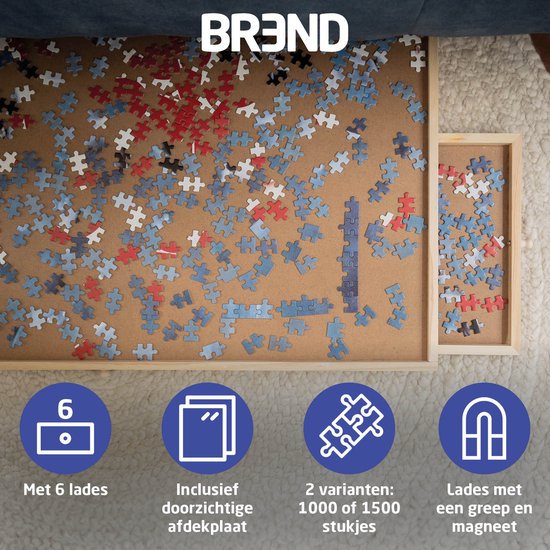 BR-2217 Puzzelplaat voor 1500 Puzzelstukjes met 6 Lades – Puzzelbord met Opbergsysteem -– Puzzelmat van Hout – Puzzeltafel inclusief Afdekplaat
