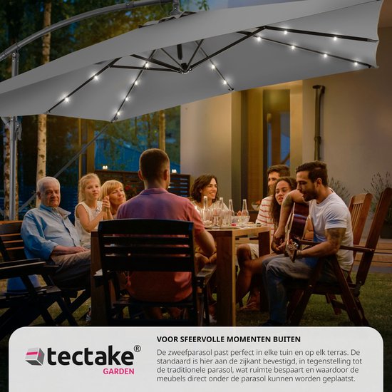 tectake® Rechthoekige parasol - Met LED-verlichting op zonne-energie - Incl. beschermhoes - Zweefparasol - Zonwering terras, tuin - Balkonparasol - Grote parasol - 250x300cm - Grijs