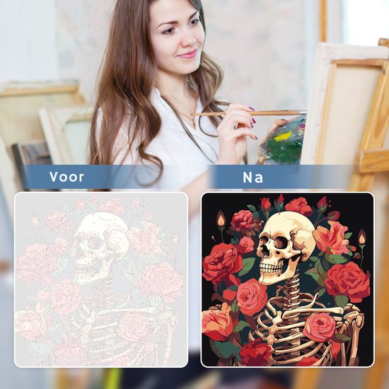 Rubye® Schilderen op Nummer Volwassenen - Schilderen op Nummer Kinderen - Skelet & Rozen – Inclusief Verf en Penselen – Canvas Schildersdoek - Kleuren op Nummer - 30x30cm