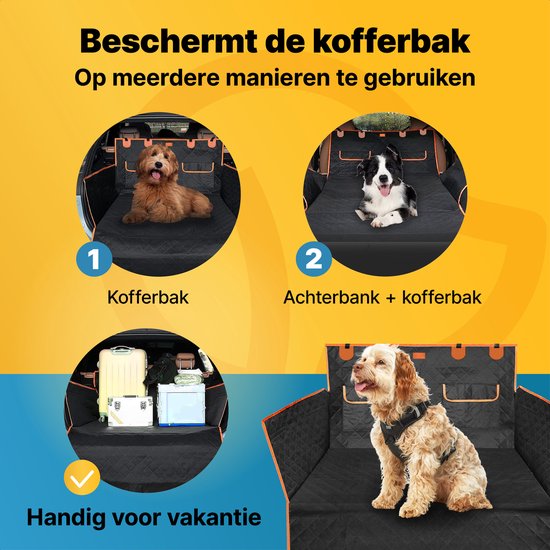 Jake en Jacky Hondendeken Auto Kofferbak - Autodeken Hond - Beschermhoes - Inclusief Opbergzak & Autoriem - Zwart/Oranje - 180x100 cm