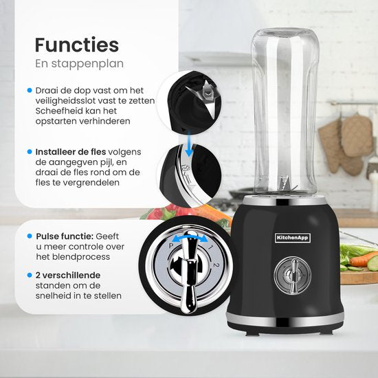 KitchenApp Blender to go - Retro blender - Smoothie maker - Inclusief twee bekers en meerdere accessoires - Zwart