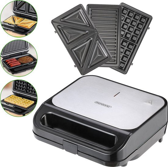 Monzana Sandwich Tosti Apparaat - 3 in 1 Afneembare Platen - Zwart