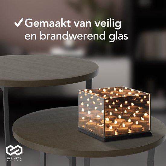 Infinity Goods Waxinelichthouder - Theelichthouder - 9 Waxinelichtjes - Reflecterend Spiegel Glas - Kaarsenhouder - Zwart