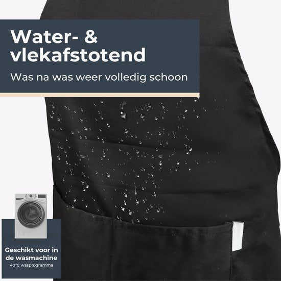 Keukenschort - Water- en vuilafstotend - Professioneel Kookschort - Schort voor Dames en Heren - Horeca Sloof - Unisex - Verstelbare Gesp - Extra Grote Vakken - Zwart