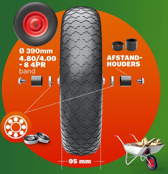 Gardebruk Kruiwagenwiel - Massief Rubber 200kg - 4.80/4.00-8 Ø 390 mm