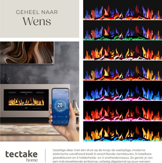 tectake® Wandhaard - Elektrische Haard - Sfeerhaard - 91,5 x 12 x 43 cm - 900W & 1800W - Bediening met Afstandsbediening of App - met Thermostaat - Kachel - met Verwarming - Haarden - Hout en Gloeieffecten - 3D Vlammen - Timer