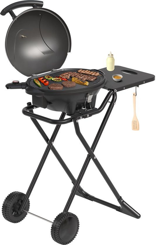 KitchenBrothers Elektrische BBQ - Opvouwbaar - Barbecue met Wielen - Anti-aanbaklaag - Zijtafel - tot 250°C - 2400W - Zwart