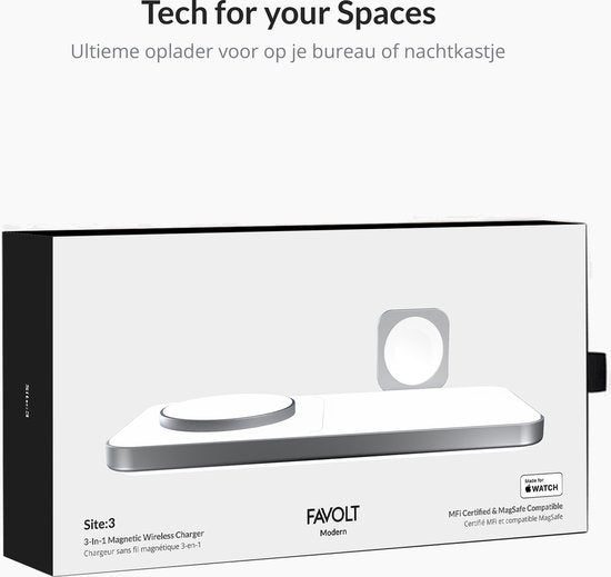 Favolt Site:3 Magsafe 3 in 1 Draadloze Oplader (MFi/QI) Magnetisch Laadstation voor iPhone Apple Watch AirPods Silver