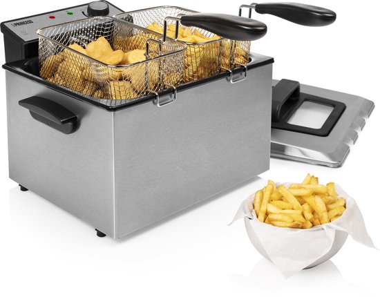 Princess Frituurpan 185000 – Grote friteuse - 1 grote en 2 kleine manden - 5 liter - 3270W - Kijkvenster - Koude zone - Anti reukfilter