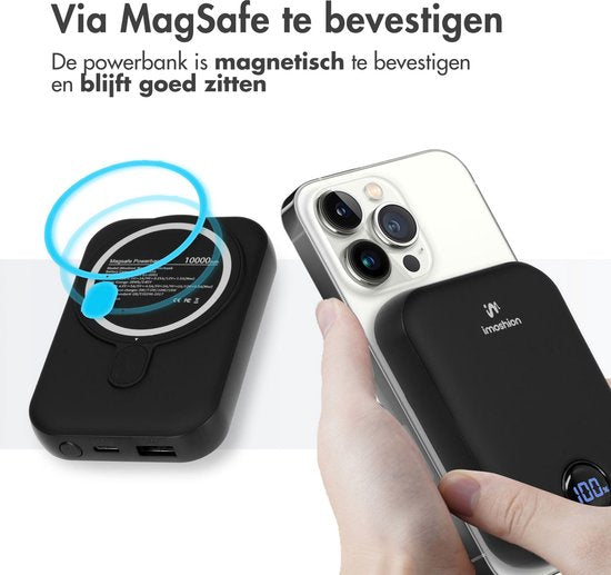 imoshion Powerbank 10000 mAh - Geschikt voor MagSafe - Snellader 22.5W - LED indicator - USB C & USB A - Draadloze Powerbank Geschikt voor iPhone 12/13/14/15/16 - Zwart