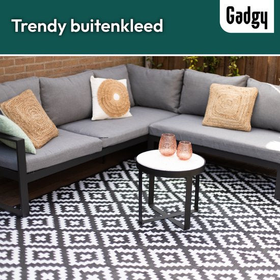 Gadgy Buitenkleed Vloerkleed Buiten XXL - 270x200 cm - Tuintapijt Dubbelzijdig - Picknickkleed Zwart Wit - Buitentapijt