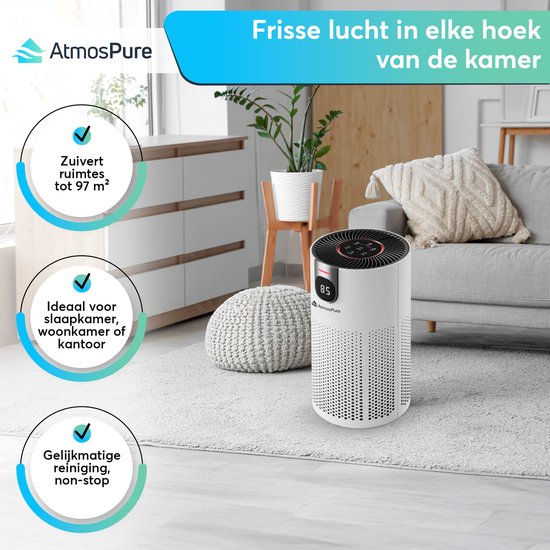 AtmosPure® CleanAir Luchtreiniger - Air Purifier met vervangbaar HEPA 13 + Koolstoffilter - CADR 250 m³/u - Wit - Voor 97 m² - Werkt tegen huisstofmijt, hooikoorts, allergieën, -3 standen + stille slaapstand - Luchtkwaliteit Sensor
