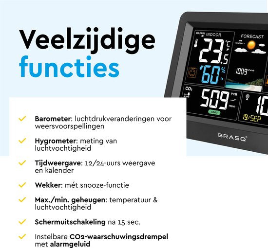 BRASQ Draadloos Weerstation binnen en buiten met CO2 meter - Hygrometer - Met buitensensor tot 60 meter - Luchtvochtigheidsmeter - Thermometer - Barometer - inclusief batterijen