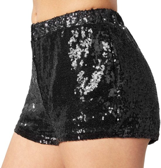 Dressforfun Pailletten-short zwart M - verkleedkleding kostuum halloween verkleden feestkleding carnavalskleding carnaval feestkledij partykleding - 303897