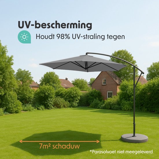 LifeGoods Zweefparasol - tot 8 Personen - Ø300cm - Waterdicht - met Hoes en Kruisvoet - Tuin - Donkergrijs