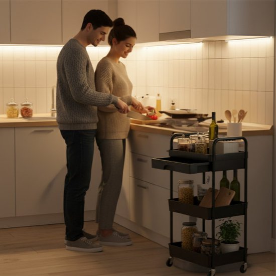 Keuken trolley met lade op Wieltjes - 3 laags - Keukenrek - Serveerwagen - Kastje - Karretje - Opberg - Douche kastjes staand - Rekje - Zwart - Luft