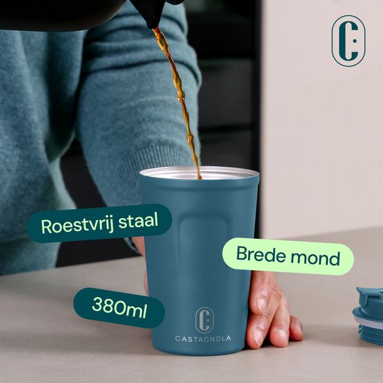 Castagnola Thermosbeker - Koffiebeker To Go - Travel Mug voor Koffie en Thee - Theebeker - 380 ML - RVS - Blauw