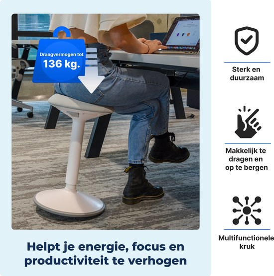 Backerz Wiebelkruk - Ergonomische Wiebel Stoel hoogte 55-80cm - Balanskruk - Zit Sta kruk - Zadelkruk Wit