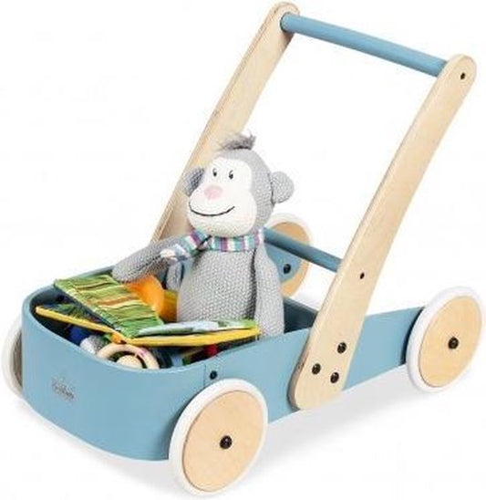 Houten Loopwagen - Massief Beukenhout in Pastelblauw en Blank Gelakt - Leuk cadeau voor Sinterklaas of Kerst