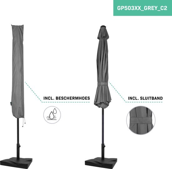 VONROC Premium Stokparasol Recanati Ø300cm – Incl. parasolvoet & beschermhoes - Ronde parasol - Kantelbaar – UV werend doek - Grijs