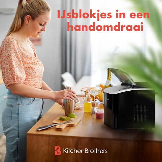 KitchenBrothers IJsblokjesmachine - 1.5L - IJsblokjesmaker – 12kg/24 uur - Draagbaar - Zelfreinigingsfunctie - Zwart