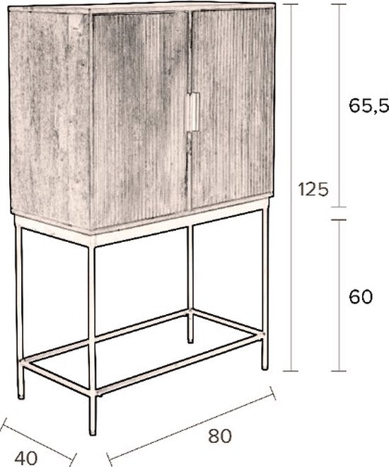 Dutchbone - Saroo - Opbergkast met Grafisch Patroon en 2 Deuren - 80 x 40 x 125,5 cm - Mangohout & Metaal - Bruin/Zwart