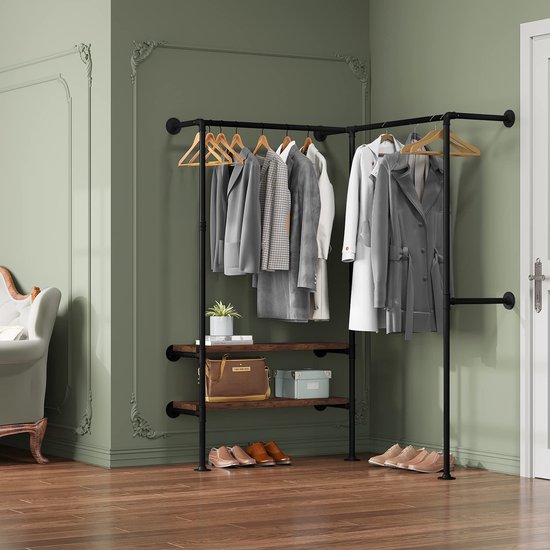 Rootz Hoekkast - Kledingkast - Kledingorganisator - Kledingrek - Opbergsysteem - Dressoir - Kledingstandaard - Zwart + Vintage Houtnerf - 130,5x187x130,5cm