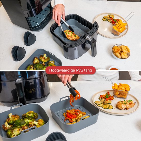 AoraKitchen Airfryer Bakjes Siliconen - 20cm - 5 Delig - Airfryer Accessoires - Incl. Wanten & Tang
