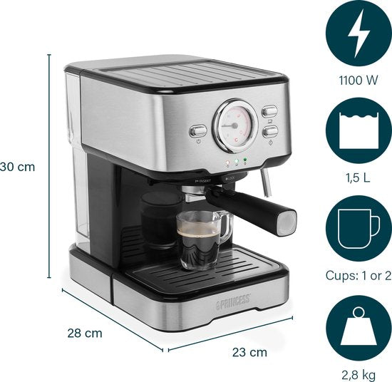 Koffiezetapparaat - Princess 249412 Espressomachines voor gemalen koffie – Met melkopschuimpijpjes voor cappucino en latte macchiato – 2 kopjes - Consumentenbond Beste Koop