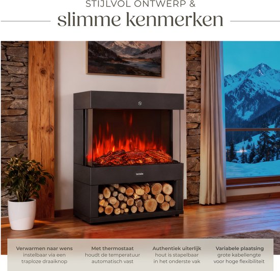 tectake® Elektrische Haard - Sfeerhaard - 900W & 1800W - Vrijstaand - Kachel - met Verwarming - Haarden - met Hout en Gloeieffecten - 3D Vlammen - Timer