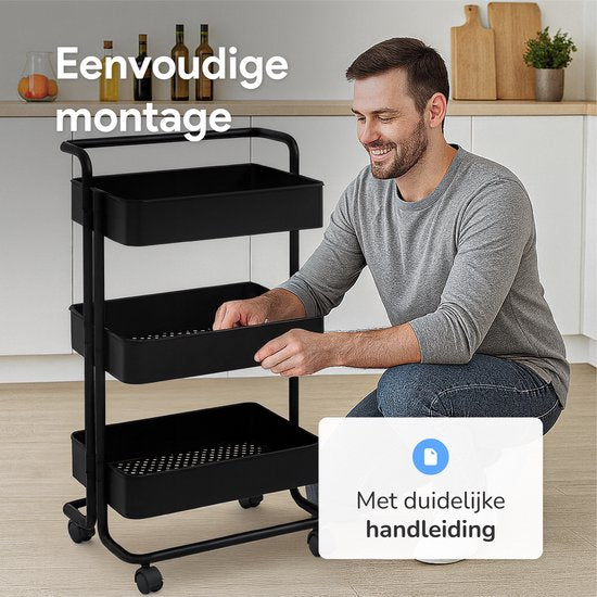 Keuken trolley op Wieltjes - 3 laags - Keukenrek - Serveerwagen - Kastje - Karretje - Opberg - Douche kastjes staand - Rekje - Zwart - Luft