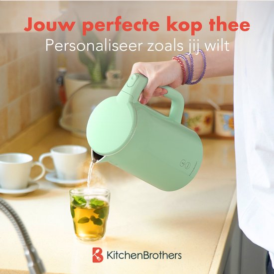 KitchenBrothers Waterkoker - 1.7L - Met Temperatuurregeling - Elektrisch - Warmhoudfunctie - Display - Dubbelwandig - Cool-touch - 2200W - Pastelgroen
