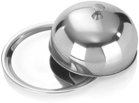 Excellent Houseware serveerschaal stolp met dienblad - zilver - rvs - D25 x H12 cm - voedsel serveren - met deksel