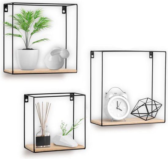 Happy Goods® Wandrek Industrieel - Set van 3 - Vierkant Wandrek - Zwart - Wandrekken
