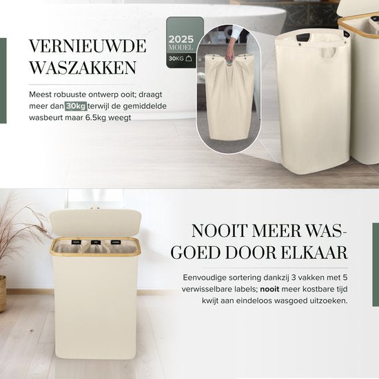 Sivableu wasmand 3 vakken – wassorteerder – 160L – met 3 uitneembare zakken – wasmand – wassorteerder met deksel – opvouwbaar