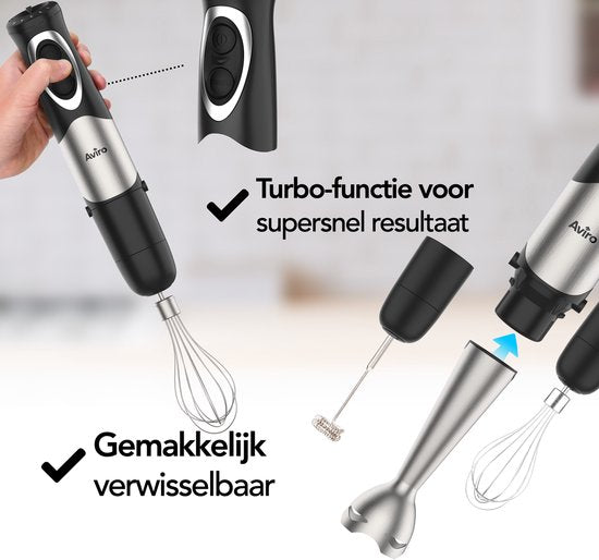 Aviro 6-in-1 Staafmixer Set - 1000W - 20 Snelheden - Hakmolen, Melkopschuimer, Garde & Maatbeker - RVS
