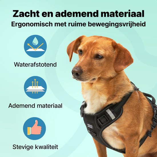 Jake en Jacky Hondentuigje - Anti-Trek Tuig - Hondenharnas - Y Tuig Hond - Reflecterend - Zwart - Maat S