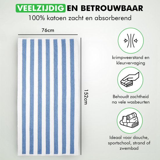 Travelhawk Strandlaken - Badlaken - Strandlakens - Handdoek - 152cm x 76cm - Reishanddoek - Cabana Streep - 100% Katoen - Blauw