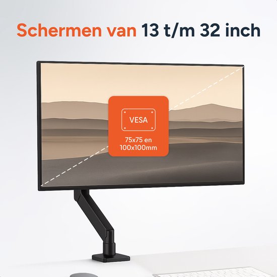Monitor Arm met gasveer - Beugel voor 1 scherm - 13 t/m 32 Inch - Beugels - Extra stabiel - Zwart - Skoov