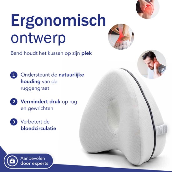 Sleeptight Orthopedisch Kniekussen voor in Bed Zijslapers - Zijslaapkussen - Beenkussen Traagschuim - Ergonomisch Zijslaper Kussen - Met Band - 25cm
