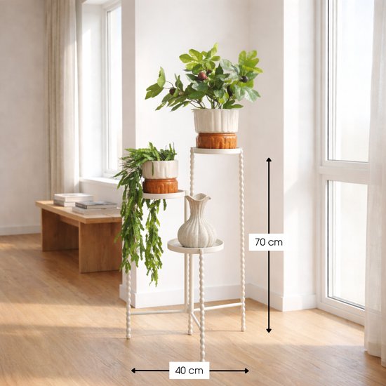 Mica Decorations Salvo Plantenrek - Plantenstandaard voor Kamerplanten - Plantentafeltje voor Binnen - Plantenonderzetter met Drie Plateaus - 40 x 40 x 70 cm - IJzer - Offwhite