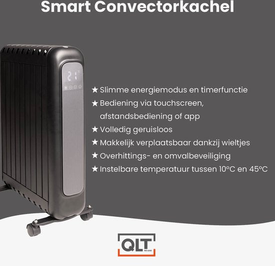 QLT Elektrische Kachel met App Bediening, Thermostaat en Timer – Convectorkachel – Olievrije Radiator met Wielen en Wandoptie – Tot 20m² – Zwart