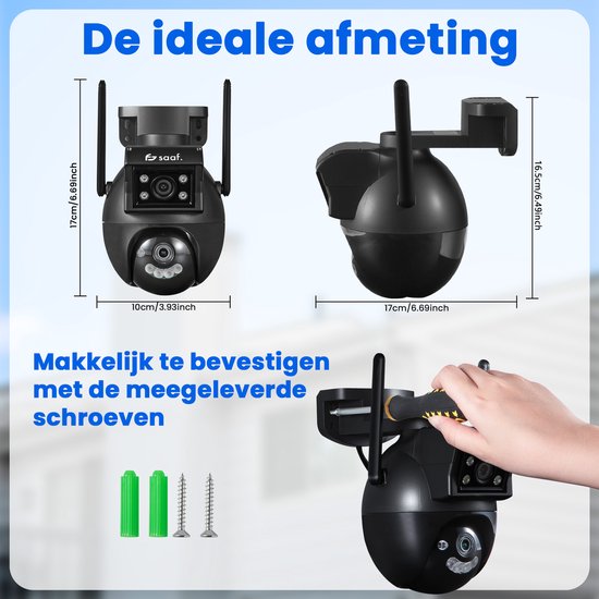 Beveiligingscamera Buiten - 2 Stuks - Wifi en 256GB - Buiten Camera met Nachtzicht - Dubbele Lens - Zwart - van Saaf
