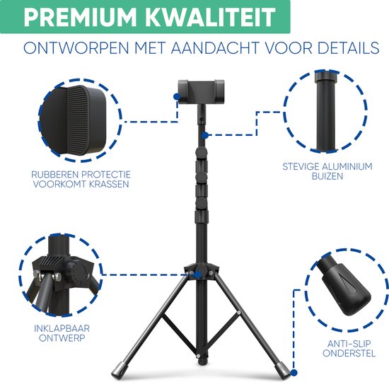 Serve Tablet Standaard - Tripod Houder Statief voor Smartphone & Tablet - Incl. Draagtas & Bluetooth Remote - iPad Tablethouder Lessenaar Aluminium - Zwart